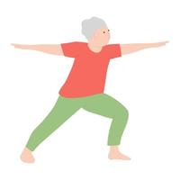 An elderly woman practicing yoga. Woman doing asana. Vector illustration on white background. Hand drawing. For print, web design.