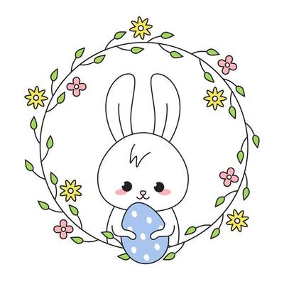 Spring badge with floral frame and a cute rabbit vector