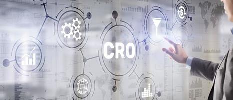 Conversion Rate Optimization. CRO Technology Finance concept Businessman pressing on a virtual screen photo