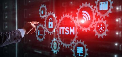 Business Technology Internet concept. Businessman pressing button on touch screen interface and select it service management photo
