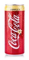 Closeup of aluminum can of Coca-Cola Vanilla with drops produced by the Coca-Cola Company photo