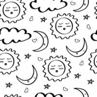 Good night doodle pattern. Time to go to bed. Seamless background with sleeping month and sun, clouds and stars. Black outline on a white background. For fabric, wallpaper, and children's textiles. vector