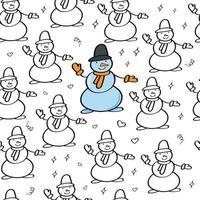 Happy Snowmen Doodle pattern. Winter holiday hand-drawn background. Christmas and New year. Black outline on a white background. Vector illustration in sketch style.