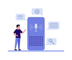 Smart speaker, voice command device application, wireless virtual assistant technology. Voice control man. Vector illustration