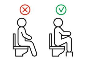 Correct toilet sitting posture, right position for light defecation with angle in knee and stage. Right and wrong posture of sitting on toilet. Vector line sign