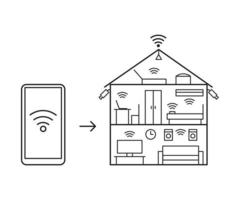 Control smart house with mobile phone from wifi, line icon. Connection smartphone with tv, laptop, computer, video camera, timer, music, cleaning, cooking. Vector illustration