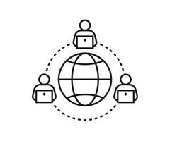 People remote online communication on computer, around earth line icon. Connection on internet teamwork. Distance community. Vector sign