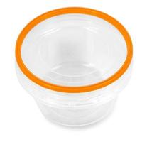 Transparent plastic food container with red cap. photo