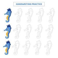 Handwriting practice for kids with cartoon seahorse. vector