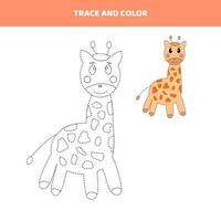 Traza y colorea una jirafa de dibujos animados. hoja de trabajo para niños. vector