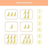 Count and match game for kids with a cartoon giraffe. vector