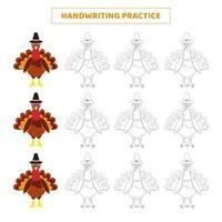 Handwriting practice for kids with cartoon turkey. vector