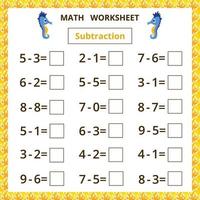 Math worksheet.Subtraction.Educational game for kids. vector
