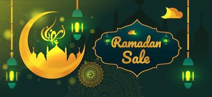 banner de venta de ramadan kareem decorado con ilustración islámica sobre fondo verde oscuro vector