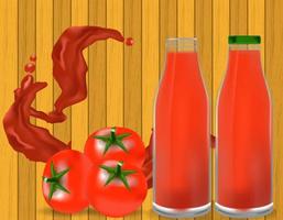 Poster of ketchup in plastic or glass bottle with splashing of shredded tomato vector