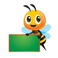 personaje de abeja lindo de dibujos animados apuntando a la pizarra vacía. De vuelta a la escuela. mascota de dibujos animados vector