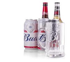Bottles of Bud beer on a white background, an American-style pale lager produced by photo
