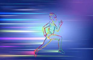 Man running, using colorful zigzag line on blue background. vector