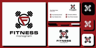 fitness symbol initial letter font barbell circle with business card template vector