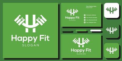 happy fit smile barbell fork spoon health food lifestyle with business card template vector