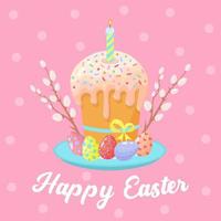 Easter cake on a plate with a candle, colorful eggs and willow. Happy Easter greeting card. vector