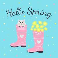 botas de goma de jardín de primavera con un ramo de dientes de león y un lindo gatito con grandes ojos sentados dentro de la bota. hola texto de primavera. vector