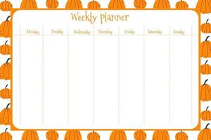 Weekly planner for kids with hand drawn pumpkin background in cartoon naive childish style. Colorful fall illustration for stationary, schedule, list, school timetable, extracurricular activities vector