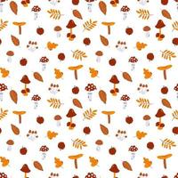 Vector autumn seamless pattern with mushrooms, fly agaric and leaves in hand drawn cartoon style isolated on white background for for baby apparel, textile design, wallpaper, card, scrapbooking