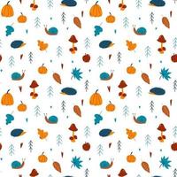 Vector autumn seamless pattern with pumpkin, rowan, spruce, acorn, mushrooms, hedgehog, leaves, snail, apple, rain, heart, fly agaric in hand drawn childish style for for baby apparel, textile design