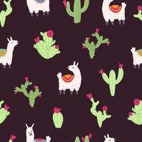 patrón vectorial sin costuras con alpaca lama y cactus sobre un fondo oscuro. ilustración vectorial con animales lindos en estilo infantil plano de dibujos animados vector