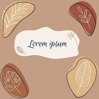 Vector card template design with floral white line art ink drawing and abstract spots in warm earthy colors