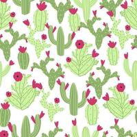 Vector seamless cactus pattern on white background. Cute childish illustration in cartoon flat style with colorful cacti and flowers