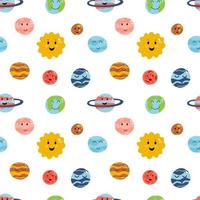 Space elements seamless pattern in cartoon flat childish style. Vector illustration of planets earth, venus, mercury, jupiter, saturn, mars, neptune, uranus, pluto for baby apparel, textile