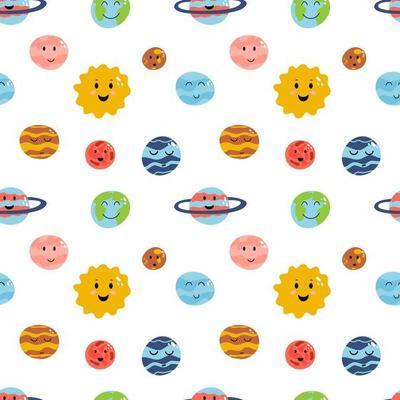 Space elements seamless pattern in cartoon flat childish style. Vector illustration of planets earth, venus, mercury, jupiter, saturn, mars, neptune, uranus, pluto for baby apparel, textile
