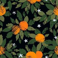 Hand drawn seamless pattern of orange fruit with leaves in the stamp technique. Vector illustration of textural citrus orange fruits in retro vintage style