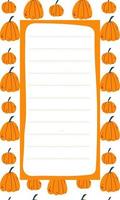 Cute vector note list template for kids. Memo card on background with orange pumpkins in hand drawn cartoon style. Stationary, schedule, list, timetable, extracurricular activities in blue and white