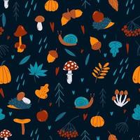 Vector autumn seamless pattern with pumpkin, rowan, spruce, acorn, mushrooms, hedgehog, leaves, snail, apple, rain, heart, fly agaric in hand drawn childish style. Fall illustration in blue and orange