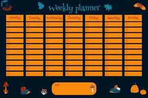 Weekly planner for kids with hand drawn pumpkin, acorn, mountain ash, hedgehog, mushrooms, fly agaric in cartoon childish style. Colorful schedule, list, school timetable, extracurricular activities vector