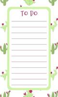 Agenda blank list with cactus on background in hand drawn cartoon doodle style. Vector illustration for daily planning, stationary schedule
