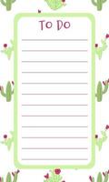 lista en blanco de la agenda con cactus en el fondo en estilo de garabato de dibujos animados dibujados a mano. ilustración vectorial para la planificación diaria, horario estacionario vector