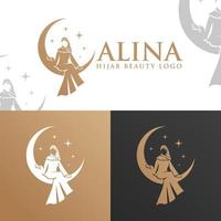 mujer con hiyab sentada en la plantilla del logotipo de la luna creciente vector