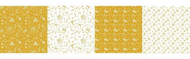 Set of birthday seamless patterns in vector. Hand drawn doodle background with gifts, cake, party flags, balloons, candle, confetti in gold color for decor, textile design, digital scrapbooking vector
