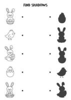 Find the correct shadows of cute Easter bunnies and chicks. Logical puzzle for kids. vector