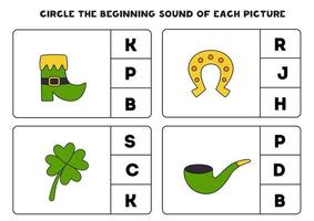 Worksheet for kids. Find the beginning sound. Saint Patrick day. vector