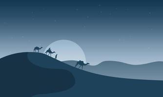 Flat silhouette desert with camels landscape for islamic event background vector