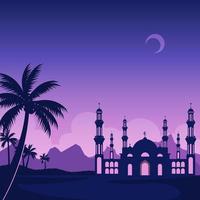 Flat silhouette landscape with mosque for islamic event, ramadan or eid mubarak background vector