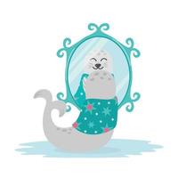 Cute Baby Fur Seal Looking in Mirror Wrapped in Towel After Shower vector