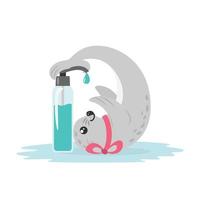 Cute Baby Fur Seal Presses with its Tail on Liquid Soap Dispenser and Disinfects its Flippers vector