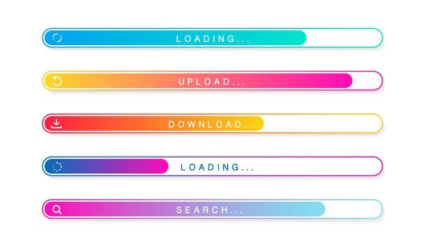 Loading bar set with icons. Color gradient lines on white backdrop. progress visualization. loading status collection. modern Web Element Collection. vector design