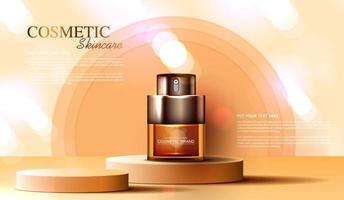 Cosmetics Vitamin C or skin care product ads with bottle, banner ad for beauty products and sky background glittering light effect. vector design